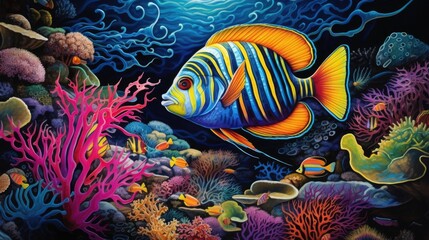Obraz na płótnie Canvas depiction of a colorful angelfish swimming among vibrant coral formations generative ai