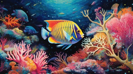 Fototapeta na wymiar depiction of a colorful angelfish swimming among vibrant coral formations generative ai