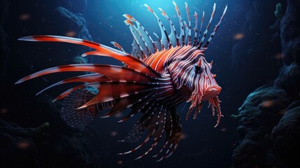 depiction of a mesmerizing lionfish with its striking and venomous spines generative ai - obrazy, fototapety, plakaty