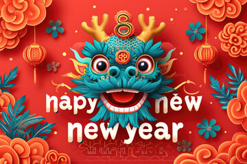 2024 Chinese new year, year of the dragon banner template design with dragons, clouds and flowers background. Chinese translation: Dragon - obrazy, fototapety, plakaty