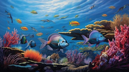 Fototapeta na wymiar Exquisite depiction of a school of vibrant parrotfish grazing on coral polyps. generative ai