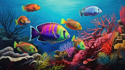 Exquisite depiction of a school of vibrant parrotfish grazing on coral polyps. generative ai