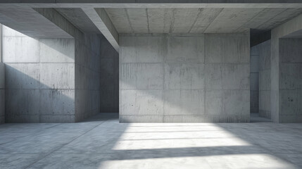 Concrete room background, abstract minimalist space with light grey walls, empty interior of modern hall. Concept of white stone architecture, industry, texture, design