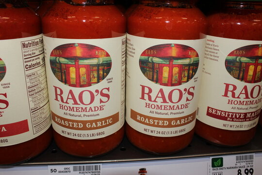 RAO'S spaghetti sauce in jars on a shelf closeup.
