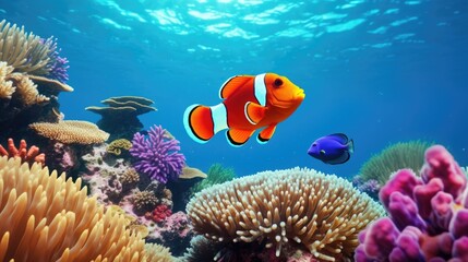 Highly detailed illustration of a clownfish swimming among vibrant coral reefs generative ai