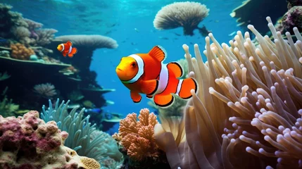 Fotobehang Highly detailed illustration of a clownfish swimming among vibrant coral reefs generative ai © Francheska