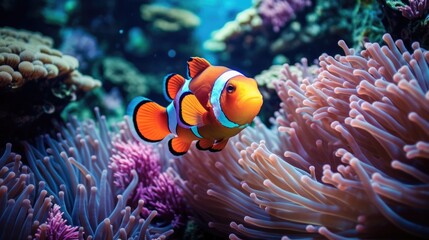 Fototapeta na wymiar Highly detailed illustration of a clownfish swimming among vibrant coral reefs generative ai
