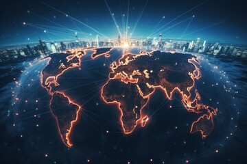 The glowing lines between continents illustrate The Digital Age of Globalisation concept - obrazy, fototapety, plakaty