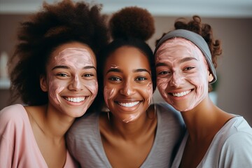 Fototapeta premium Cheerful Women Friends Making Face Masks Together at Home - Skin Care and Friendship Concept