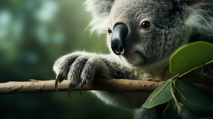 Fototapeta premium Close-up of a koala's paw gripping a eucalyptus branch, showcasing its fingerprints -Generative Ai 