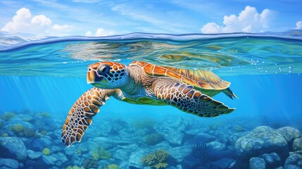 Fototapeta premium Intricate depiction of a sea turtle gliding gracefully through crystal-clear waters generative ai