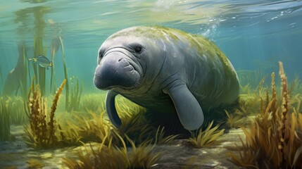 Intricate rendering of a serene manatee grazing on seagrass in a tranquil lagoon generative ai.