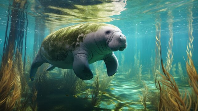 Intricate rendering of a serene manatee grazing on seagrass in a tranquil lagoon generative ai.