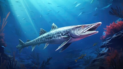 Naklejka premium Intricate rendering of a sleek barracuda patrolling the edges of a coral reef generative ai