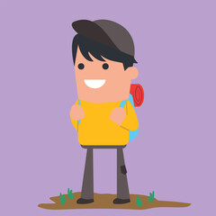 Flat design vector of a young boy hiker with a blue backpack, prepared to explore an adventure in nature