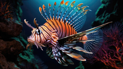 Naklejka na ściany i meble Lifelike close-up of a mesmerizing lionfish with its stunning striped fins generative ai