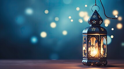 Ramadan Kareem - Moon And Arabian Lantern With Blue Sky At Night With Abstract Defocused Lights - Eid Ul Fitr, copy space - generative ai - obrazy, fototapety, plakaty