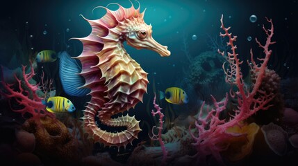 Fototapeta na wymiar Realistic illustration of a colorful seahorse in its intricate and textured habitat generative ai