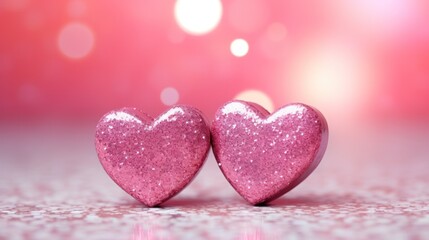 Obraz premium Two pink glitter hearts on romantic background. Valentine's Day celebration.