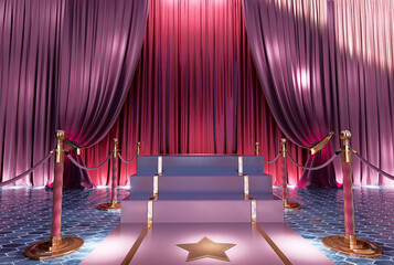 Awards show background with colored curtains and red carpet between rope barriers leading to a...