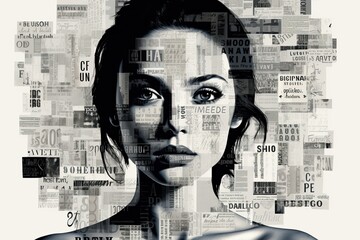 Collage of a woman's face and newspapers on a white background 
