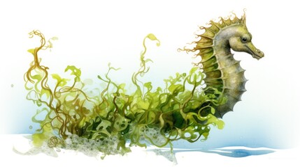 Realistic illustration of a regal seahorse clinging to a piece of floating seaweed generative ai - obrazy, fototapety, plakaty