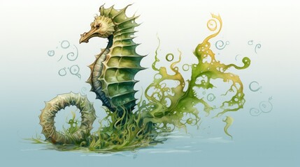 Realistic illustration of a regal seahorse clinging to a piece of floating seaweed generative ai