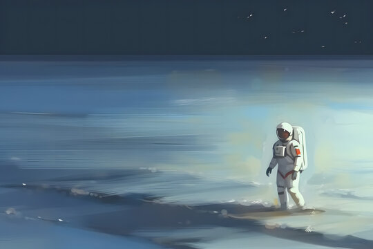 Cinematic image of an astronaut in the ocean. Abstract concept about space exploration and sci-fi fiction. Neural network AI generated art