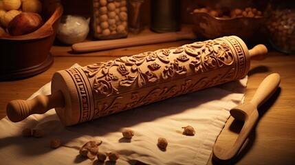 Fototapeta premium A chef's rolling pin, showing the smooth wood craftsmanship. generative ai