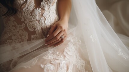Bride with elegant wedding dress and ring, close-up details. Bridal fashion and beauty.