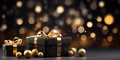 A pile of black gifts decorated with a gold ribbon on a black background and a bokeh light effect behind it. generative AI