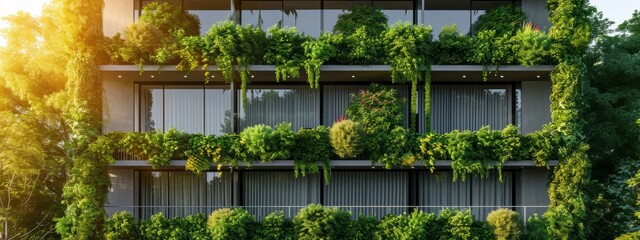 a modern glass building with a lot of green plants trees and bushes for the futuristic business architecture environment. ecology co2 footprint reduction. web design banner wide 8:3 panorama - obrazy, fototapety, plakaty
