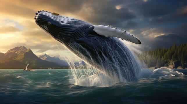 Realistic portrayal of a majestic humpback whale breaching the ocean's surface generative ai