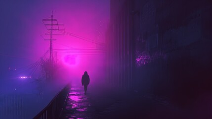 a young man person walks in alley a synthwave sci-fi cyberpunk futuristic city with skyscrapers...
