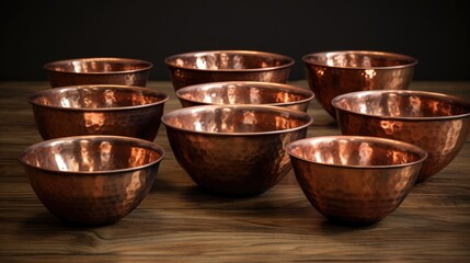 Realistic portrayal of a set of copper mixing bowls with a shiny, hammered exterior generative ai