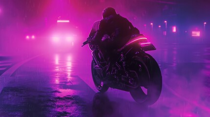 a motorcycle driving from behind on a road in a synthwave sci-fi cyberpunk futuristic city with...