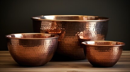 Realistic portrayal of a set of copper mixing bowls with a shiny, hammered exterior generative ai - obrazy, fototapety, plakaty