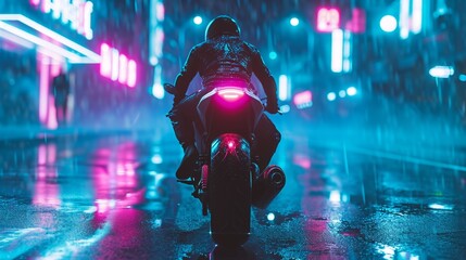 a motorcycle driving from behind on a road in a synthwave sci-fi cyberpunk futuristic city with skyscrapers buildings in neon pink and purple colors. wallpaper background 16:9
