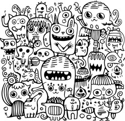 Funny big coloring poster in doodle style, Big coloring page with monster