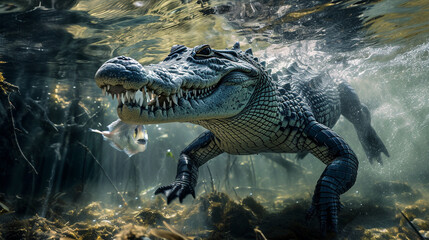 crocodile in the water - obrazy, fototapety, plakaty