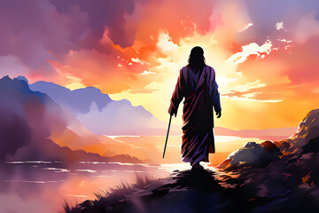 Silhouette of Jesus Christ Walking towards the Hill at Dusk. Watercolor Paintings With Biblical themes The title: "Walking towards the Sun" generative ai