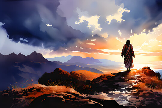 Silhouette of Jesus Christ Walking towards the Hill at Dusk. Watercolor Paintings With Biblical themes The title: "Walking towards the Sun" generative ai