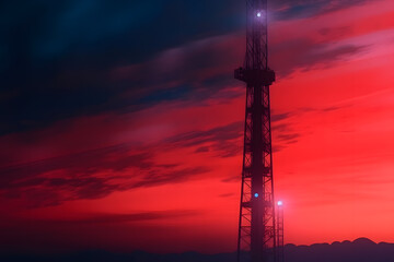 Antenna communication technology with city background. Communication tower connect to data of smart city. Telecommunication 5G. Neural network AI generated art