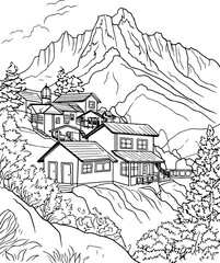 Coloring book landscape. Hand draw illustration with separate layers