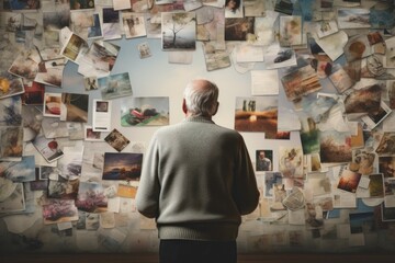 An elderly man standing with his back to the camera and looking at a collection of his photographs epitomises the concept of ageing and memory loss 