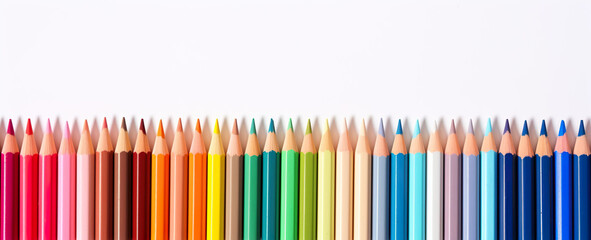 colorful row of pencils isolated on white background