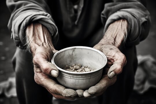 Striking image capturing the harsh reality of poverty, with an elderly person's hands cradling a bowl of meager food