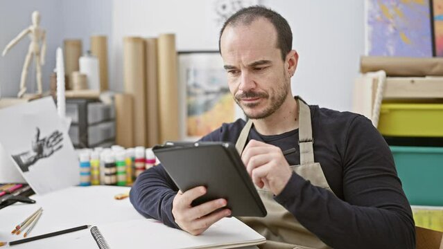 Focused bald man with beard using tablet in art studio