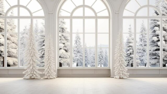 Classical empty room decorate with christmas tree 3d render,The room has wooden floors and white wooden ceilings decorated with pine trees and gift boxes.The arched windows look out to the snow