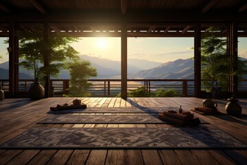 Warm sunlight bathes a tranquil corner for meditation, fostering a sense of peace, Solitude concept.
